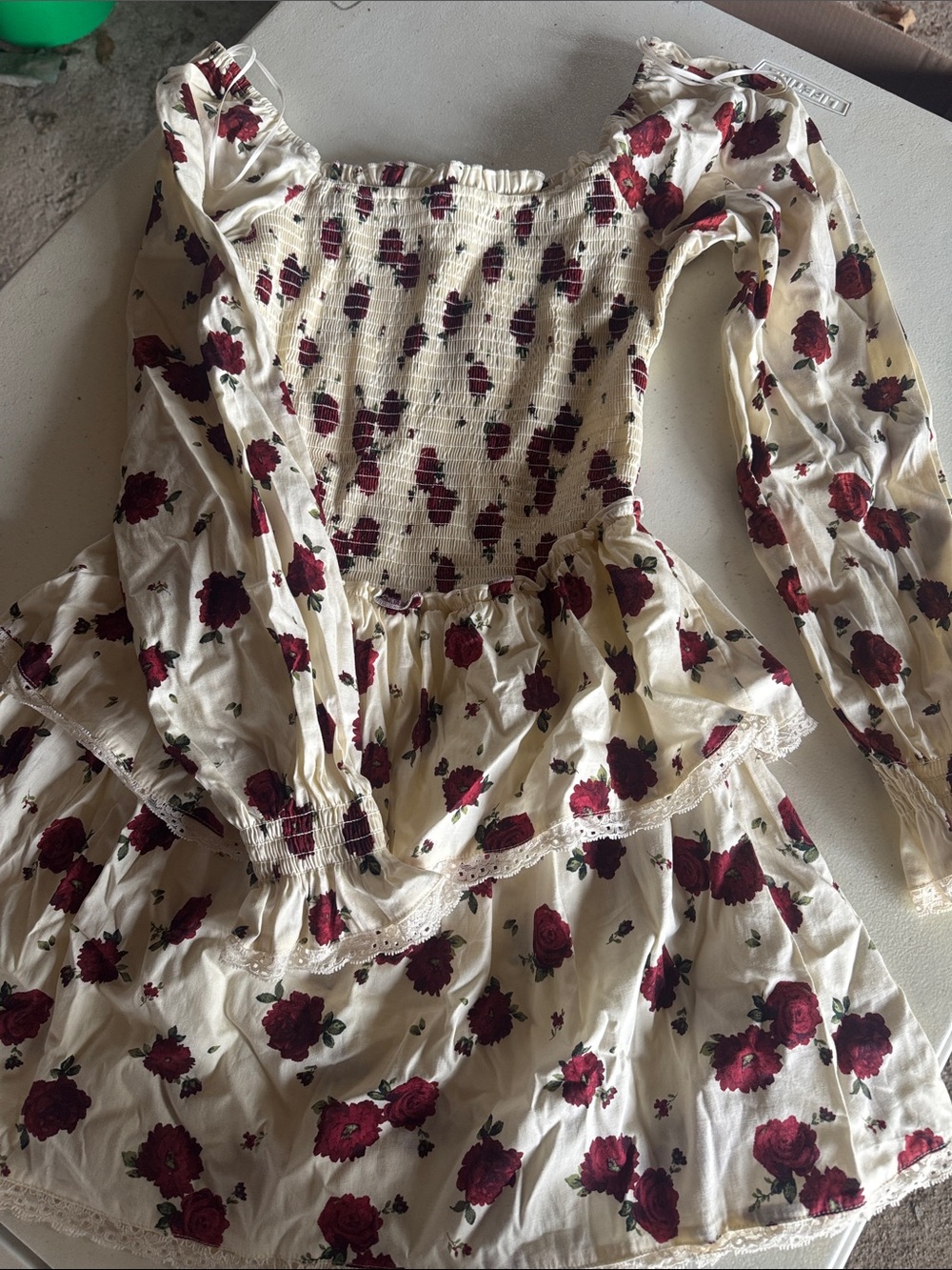 Girls Cream Floral Smocked Peplum Dress - Burgundy Rose Print